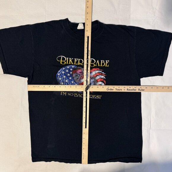Biker Babe Im No Back Rest Motorcycle Chopper USA Patriotic Flag Black Tshirt -M - Picture 4 of 4